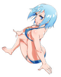 Rule 34 | 1girl, arm support, bikini, blue bikini, blue eyes, blue hair, breasts, cleavage, crossed legs, dutch angle, from above, hand on own face, highres, invisible chair, looking at viewer, mahou shoujo madoka magica, mahou shoujo madoka magica (anime), medium breasts, miki sayaka, sazanami tarou, short hair, shoulder blades, side-tie bikini bottom, sideboob, sitting, smile, solo, swimsuit, white background