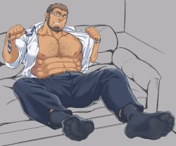 Rule 34 | 1boy, abs, bara, bare pectorals, chest hair, collared shirt, couch, dark-skinned male, dark skin, feet, foot focus, full body, glasses, large pectorals, male focus, mature male, multicolored hair, muscular, muscular male, navel, necktie, nipples, no shoes, on couch, original, pectorals, presenting foot, salaryman, shirt, short hair, smirk, socks, soles, solo, spread legs, stomach, tetsu (kurotetsu1379), toes, two-tone hair, undone necktie, undressing, unfinished