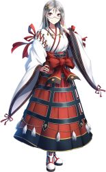 Rule 34 | 1girl, full body, glasses, hair ornament, hand on own hip, k-suwabe, long skirt, nontraditional miko, official art, oshiro project:re, oshiro project:re, red eyes, red skirt, semi-rimless eyewear, silver hair, skirt, smile, takatenjin (oshiro project), transparent background