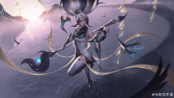 Rule 34 | 1girl, absurdres, alternate costume, artist name, bird, black gloves, boots, closed eyes, dongchenbuqian, elbow gloves, facial mark, floating, forehead mark, full body, gloves, highres, janna (league of legends), league of legends, long hair, ocean, outdoors, shadow, sidelocks, signature, sleeveless, solo, standing, standing on one leg, sunlight, two-tone gloves, water, white footwear, white gloves