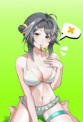 Rule 34 | 1girl, absurdres, antenna hair, arknights, bare shoulders, barefoot, bikini, black hair, blush, breasts, brown eyes, cleavage, collarbone, frilled bikini, frills, green background, green nails, hair bun, hair ornament, hairclip, hand on own chest, highres, la pluma (arknights), la pluma (summer flowers) (arknights), large breasts, looking at viewer, mouth hold, nail polish, navel, official alternate costume, shenhaijiaolonglaohuadeng, short hair, simple background, single hair bun, single side bun, sitting, solo, spoken x, stomach, swimsuit, thigh strap, wariza, whistle, white bikini, wing hair ornament