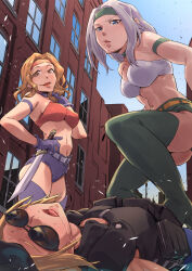 Rule 34 | 3girls, arm strap, bandana, bandeau, belt, blue eyes, boots, breasts, building, commentary request, drooling, eliza (final fight), femdom, final fight, final fight 2, gloves, green headband, grey hair, hand in own hair, headband, holding, holding knife, jelly shrimp, k.o., knife, lucia morgan, mary (final fight), medium breasts, medium hair, micro shorts, midriff, multiple girls, navel, open mouth, orange eyes, orange hair, pouch, purple belt, purple gloves, red bandana, red headband, reverse grip, shorts, signature, smile, street fighter, street fighter v, sunglasses, thigh boots, tongue, white bandeau