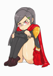 Rule 34 | 1girl, angry, annoyed, artist request, ass, black hair, blush, cape, cranky, final fantasy, final fantasy type-0, glasses, hair ornament, hairclip, highres, hugging own legs, legs, long hair, looking at viewer, miniskirt, panties, pink eyes, pout, queen (fft-0), shiny skin, simple background, sitting, skirt, solo, underwear