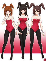 Rule 34 | 3girls, absurdres, aikazilla, animal ears, black leggings, girls und panzer, gradient background, highres, leggings, leotard, mature female, mother and daughter, multiple girls, nishizumi maho, nishizumi miho, nishizumi shiho, orange eyes, orange hair, playboy bunny, rabbit ears, red leotard, serious, siblings, sisters, smile