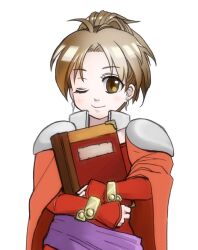 Rule 34 | 1girl, arc the lad, arc the lad iii, book, brown eyes, brown hair, cape, closed mouth, dress, earrings, jewelry, looking at viewer, marsia (arc the lad), medium hair, one eye closed, ponytail, red dress, sakurai hiyoko, simple background, smile, solo, white background