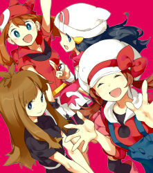 Rule 34 | 00s, 1990s (style), 4girls, bandana, beanie, blue eyes, blue hair, bow, brown hair, cabbie hat, creatures (company), dawn (pokemon), emunise, game freak, gloves, green (pokemon), hair ornament, hairclip, hat, hat bow, holding, holding poke ball, laughing, long hair, lyra (pokemon), may (pokemon), multiple girls, nintendo, poke ball, poke ball (basic), pokemon, pokemon dppt, pokemon frlg, pokemon hgss, pokemon rgby, pokemon rgby beta, pokemon rse, prototype design, red background, retro artstyle, scarf, simple background, suspenders, twintails