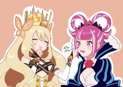 Rule 34 | 2girls, blonde hair, breasts, butterfly hair ornament, celine (fire emblem), cheek pinching, closed eyes, closed mouth, crown, dress, facial mark, fire emblem, fire emblem engage, hair ornament, hair rings, heart, heart facial mark, hortensia (fire emblem), long hair, looking at another, multicolored hair, multiple girls, nasakenasasugiw, nintendo, open mouth, pinching, pink eyes, pink hair, short hair, small breasts, striped clothes, striped dress, two-tone hair, upper body, vertical-striped clothes, vertical-striped dress, very long hair