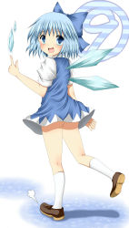 Rule 34 | 1girl, bad id, bad pixiv id, blue eyes, blue hair, bow, circled 9, cirno, dress, female focus, full body, gradient background, hair bow, hair ribbon, highres, ice, kneehighs, loafers, matching hair/eyes, ribbon, ryokuyou (greencosmos), shoes, socks, solo, touhou, white background, white socks, wings