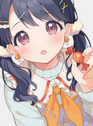 Rule 34 | 1girl, :o, asymmetrical bangs, blue hair, blue sweater, blurry, candy, chain, commentary, depth of field, dot nose, earrings, fangs, food, frilled shirt collar, frills, fukumaru koito, hair ornament, hairclip, hand up, holding, holding candy, holding food, idolmaster, idolmaster shiny colors, jewelry, light blush, long sleeves, looking at viewer, mameyanagi, medium hair, neckerchief, orange neckerchief, parted lips, purple eyes, short twintails, skin fangs, solo, sweater, symbol-only commentary, twintails, upper body, x hair ornament