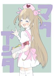 Rule 34 | 1girl, :d, absurdres, apron, bad id, bad twitter id, blush, closed eyes, donguri suzume, dress, facing viewer, fang, green background, hair ornament, hand up, hat, heart, highres, holding, light brown hair, long hair, natori sana, nurse cap, open mouth, pink apron, pink hat, puffy short sleeves, puffy sleeves, rabbit hair ornament, sana channel, short dress, short sleeves, smile, solo, thighhighs, two side up, virtual youtuber, waving, white dress, white thighhighs, zettai ryouiki