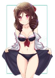 Rule 34 | 1girl, alternate costume, bikini, black bikini, bow, breasts, brown hair, collarbone, cowboy shot, drill hair, front-tie top, hair bow, harukaze (kancolle), ittokyu, jacket, kantai collection, looking at viewer, medium breasts, navel, open clothes, open jacket, red bow, red eyes, sarong, simple background, smile, solo, standing, swimsuit, thigh gap, twin drills, white background, white jacket