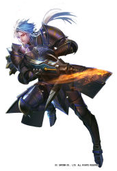 Rule 34 | 1boy, armor, blue hair, boots, bow (weapon), crossbow, fire, full body, gauntlets, holding, holding weapon, liduke, long hair, looking at viewer, male focus, monster hunter (series), official art, parted lips, pauldrons, plate armor, ponytail, red eyes, shoulder armor, simple background, solo, standing, standing on one leg, watermark, weapon, white background