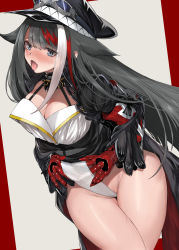 Rule 34 | 1girl, azur lane, black hair, blue eyes, blush, breasts, cleavage, cross, deutschland (azur lane), fang, goggles, goggles on headwear, highres, iron cross, long hair, mechanical gloves, multicolored hair, open mouth, streaked hair, takeakigaku, tongue, tongue out