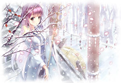 Rule 34 | 1girl, absurdres, alternate hair length, alternate hairstyle, banzhai zhuchihuo, blunt bangs, blush, breasts, cherry blossoms, cowboy shot, female focus, fingernails, forest, gradient hair, highres, holding, holding staff, ice, japanese clothes, kimono, long hair, long sleeves, looking at viewer, medium breasts, multicolored hair, nature, obi, outdoors, parted lips, petals, pink hair, plant, purple hair, rope, saigyouji yuyuko, sash, shakujou, shide, shimenawa, snow, solo, staff, torii, touhou, very long hair, wide sleeves