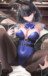 Rule 34 | 1girl, 1other, absurdres, alternate costume, animal ears, arknights, arknights: endfield, armpit crease, bare shoulders, black hair, black jacket, black pantyhose, blue bow, blue bowtie, blue collar, blue leotard, blue nails, blush, bow, bowtie, breasts, chinese commentary, cleavage, collar, collarbone, commentary request, covered navel, detached collar, endministrator (arknights), fake animal ears, female endministrator (arknights), hair ornament, highleg, highleg leotard, highres, holding, holding phone, indoors, jacket, large breasts, leotard, looking at viewer, nail polish, no shoes, open clothes, open jacket, pantyhose, phone, playboy bunny, rabbit ears, rectangular eyewear, short hair, sitting, smile, solo focus, spread legs, toes, wuren