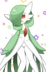 Rule 34 | 1girl, absurdres, arms at sides, blush, bob cut, colored skin, creatures (company), female focus, flat chest, game freak, gardevoir, gen 3 pokemon, green hair, green skin, groin, hair over one eye, happy, highres, legs, light blush, looking at viewer, multicolored skin, nintendo, one eye covered, open mouth, pokemon, pokemon (creature), red eyes, short hair, smile, solo, standing, star (symbol), starry background, thighs, two-tone skin, white background, white skin, yunicon