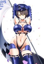 Rule 34 | 1girl, absurdres, armpits, arms behind head, arms up, azur lane, baltimore (azur lane), baltimore (finish line flagbearer) (azur lane), bare shoulders, bikini, black choker, blue bikini, blue footwear, blue hat, blue jacket, boots, braid, breasts, brown hair, chest harness, choker, cleavage, closed mouth, collarbone, commentary, confetti, contrapposto, cowboy shot, cropped jacket, eagle union (emblem), english commentary, flag, french braid, groin, hair between eyes, harness, hat, highleg, highleg bikini, highres, holding, holding pole, jacket, large breasts, light blush, looking at viewer, micro shorts, mismatched bikini, mixed-language commentary, navel, o-ring, o-ring top, off shoulder, official alternate costume, peaked cap, pole, psd available, race queen, sakurein, short hair, shorts, sidelocks, simple background, skindentation, smile, solo, standing, stomach, sweat, swimsuit, thigh boots, thigh strap, toned, underboob, underbust, white background, yellow eyes