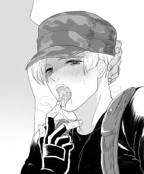Rule 34 | 2boys, cum, cum in mouth, hand on head, hat, kiricloud, leon s. kennedy, looking at viewer, male focus, monochrome, multiple boys, open mouth, resident evil, tongue, tongue out, yaoi