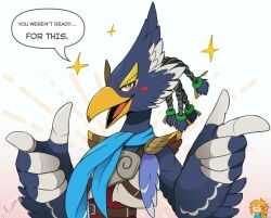 Rule 34 | 2boys, arijuno, armor, artist name, beak, bird boy, blue background, blue fur, blue hair, blue scarf, blush stickers, body fur, braid, breastplate, double finger gun, english text, finger gun, furry, furry male, gradient background, green eyes, hair tie, hands up, happy, link, looking at viewer, male focus, multiple boys, open mouth, profile, quad tails, revali, rito, scarf, short hair, shoulder pads, signature, smile, solo focus, sparkle, speech bubble, standing, talking, the legend of zelda, the legend of zelda: breath of the wild, twitter username, two-tone fur, upper body, white fur, winged arms, wings