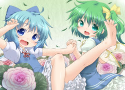 Rule 34 | 2girls, barefoot, blue eyes, blue hair, bow, cirno, daiyousei, dress, feet, female focus, flower, green eyes, green hair, hair bow, hair ribbon, holding hands, leg up, multiple girls, natsu no koucha, neck ribbon, open mouth, ribbon, short hair, side ponytail, smile, soles, spread toes, toes, touhou, wings