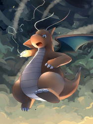 Rule 34 | claws, commentary request, creatures (company), dragonite, electricity, from below, full body, game freak, gen 1 pokemon, guodon, nintendo, no humans, open mouth, pokemon, pokemon (creature), smoke, solo, tongue