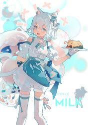 Rule 34 | !, 1girl, :d, absurdres, animal ears, apron, aqua ribbon, arm behind back, bare shoulders, blue eyes, bow, cat ears, cat girl, cat tail, character name, copyright name, detached sleeves, food, fruit, gloves, hair bow, highres, holding, holding plate, holding tray, leg ribbon, lobelia (saclia), looking at viewer, maimai (game), milk (maimai), open mouth, orange (fruit), orange slice, plate, puffy shorts, puffy sleeves, ribbon, shirt, short hair, short sleeves, shorts, smile, solo, standing, tail, thigh ribbon, thighhighs, tray, virtual youtuber, white background, white gloves, white hair, white shirt, white thighhighs, x, zettai ryouiki