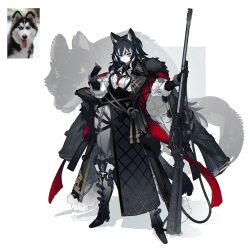Rule 34 | 1girl, absurdres, animal ears, black gloves, black hair, boots, breasts, dog ears, dog tail, fur trim, gloves, grey eyes, grey hair, gun, highres, holding, holding gun, holding weapon, husky, looking at viewer, medium breasts, multicolored hair, original, personification, photo inset, reference inset, rifle, shiba (s hi ba ), short hair, solo, tail, two-tone hair, weapon