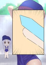 Rule 34 | 2girls, angel beats!, arms at sides, blue one-piece swimsuit, blush, bow, character name, chibi, chibi inset, closed mouth, commentary request, cowboy shot, cross-section, day, emphasis lines, expressionless, green bow, hair bow, hand sonic, jitome, lelie (lelie link), long hair, looking at another, multiple girls, nakamura yuri, one-piece swimsuit, outdoors, paid reward available, purple hair, school swimsuit, standing, swim cap, swimsuit, tenshi (angel beats!), white hair