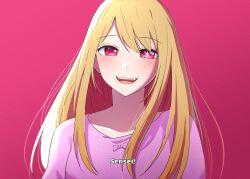 Rule 34 | 1girl, blonde hair, blush, commentary, english commentary, hair down, highres, hoshino ruby, long hair, looking at viewer, mismatched pupils, no pupils, open mouth, oshi no ko, pink background, pink eyes, pink shirt, romaji text, scene reference, shirt, sidelocks, simple background, solo, star-shaped pupils, star (symbol), subtitled, symbol-shaped pupils, teeth, upper body, upper teeth only, war artwork