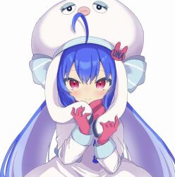 Rule 34 | 1girl, 7takada, ahoge, animal ears, blue hair, blush, character name, closed mouth, coat, eel hat, floppy ears, gloves, hat, long sleeves, otomachi una, pink gloves, pink scarf, rabbit ears, rabbit hat ornament, rabbit ornament, red eyes, scarf, sidelocks, simple background, solo, twintails, upper body, vocaloid, white background, white coat, white hat