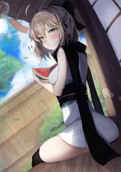 Rule 34 | 1girl, :t, ass, bare shoulders, black bow, black panties, black sclera, black thighhighs, blush, bow, brown hair, closed mouth, colored sclera, commentary request, day, eating, falling leaves, fate/grand order, fate (series), fence, food, food on face, fruit, green eyes, hair between eyes, hair bow, highres, holding, holding food, japanese clothes, kimono, koha-ace, leaf, looking at viewer, looking back, mochi nabe, obi, okita souji (fate), okita souji (koha-ace), outdoors, panties, sash, sleeveless, sleeveless kimono, solo, thighhighs, underwear, watermelon, white kimono, wind chime