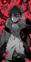 Rule 34 | 1boy, arm up, bad id, bad pixiv id, belt, blood, blood on face, blurry, blurry background, blurry foreground, broken, collarbone, dripping, closed eyes, greyscale, hair between eyes, highres, hood, hood down, hoodie, hypnosis mic, industrial pipe, jacket, male focus, mole, mole under mouth, monochrome, open clothes, open jacket, pira 811, red background, smile, solo, spot color, traffic light, yamada saburo, zipper, zipper pull tab