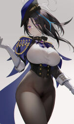 Rule 34 | 1girl, black corset, black hair, black pantyhose, breasts, cape, chinese commentary, clorinde (genshin impact), closed mouth, corset, cowboy shot, crossed legs, elbow gloves, epaulettes, female pubic hair, genshin impact, gloves, grey background, hand up, hat, highres, large breasts, long hair, looking at viewer, multicolored hair, omone hokoma agm, pantyhose, pubic hair, purple cape, purple eyes, purple hat, shirt, solo, streaked hair, taut clothes, taut shirt, tricorne, vision (genshin impact), white gloves, white shirt