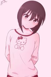 Rule 34 | 1girl, absurdres, arms behind back, artist logo, artist name, azumanga daiou, black hair, blunt ends, blush, bob cut, breasts, brown eyes, casual, closed mouth, collarbone, commentary, english commentary, hair between eyes, head tilt, hello kitty, hello kitty (character), highres, inverted bob, kaori (azumanga daioh), kurumimi birb, light blush, long bangs, long sleeves, looking at viewer, pink background, pink sweater, raised eyebrows, sanrio, short hair, signature, small breasts, smile, solo, standing, sweater, upper body