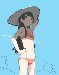 Rule 34 | 1girl, arm up, armpits, bikini, blue background, blush, breasts, brown eyes, cleavage, female focus, flat color, groin, hand on own hip, hat, long hair, looking at viewer, mensoubou, navel, orange bikini, original, pink bikini, sideboob, simple background, sky, small breasts, smile, solo, sun hat, swimsuit