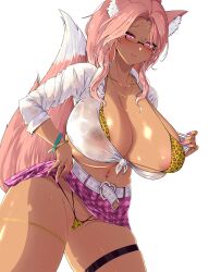 Rule 34 | 1girl, absurdres, animal ears, animal print, areola slip, belt, bikini, blush, bracelet, breasts, buckle, cat ears, cleavage, clothes lift, collarbone, collared shirt, commentary, dark-skinned female, dark skin, english commentary, final fantasy, final fantasy xiv, fingernails, glasses, gyaru, heart, heart-shaped buckle, highres, huge breasts, jewelry, kogal, leopard print, lips, long sleeves, midriff, miqo&#039;te, navel, open clothes, open shirt, parted bangs, parted lips, pink eyes, pink hair, pink nails, rudeus (steban sharnak), shiny skin, shirt, shirt tug, sidelocks, simple background, skirt, skirt lift, solo, sweat, sweaty clothes, swimsuit, tail, thighs, tied shirt, white background, white shirt