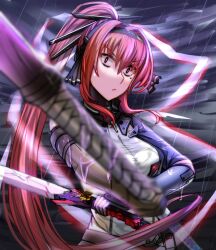 Rule 34 | 1girl, 995080356, black hairband, bodysuit, breasts, commentary request, hair ornament, hairband, holding, holding polearm, holding sword, holding weapon, lightning, long hair, mechanical arms, medium breasts, polearm, ponytail, punishing: gray raven, red eyes, red hair, sidelocks, storm, sword, vera: garnet (punishing: gray raven), vera (punishing: gray raven), very long hair, weapon