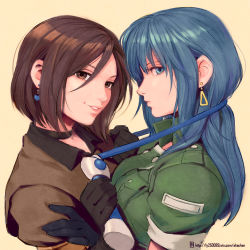 Rule 34 | 2girls, a-ka, black gloves, blue eyes, blue hair, breast press, breasts, brown eyes, brown hair, choker, crop top, earrings, female focus, gloves, grin, hair down, jewelry, large breasts, leona heidern, lips, long hair, looking at another, looking at viewer, looking to the side, military, military uniform, multiple girls, parted lips, ponytail, serious, short hair, short sleeves, smile, snk, symmetrical docking, the king of fighters, uniform, upper body, whip, whip (kof), yuri