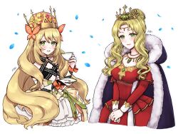 Rule 34 | 2girls, blonde hair, bow, butterfly hair ornament, cape, celine (fire emblem), circlet, commentary, crown, cup, detached sleeves, dress, dress bow, fire emblem, fire emblem: the binding blade, fire emblem engage, fire emblem heroes, frilled dress, frills, fur trim, gem, gold trim, green eyes, guinevere (fire emblem), hair ornament, highres, holding, holding cup, jewelry, long hair, long sleeves, misato hao, multiple girls, necklace, nintendo, ribbon, smile, teacup, very long hair, wavy hair, white background