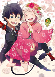 Rule 34 | 1boy, 1girl, ao no exorcist, barefoot, black hair, blonde hair, blue eyes, blush, boots, carrying, closed eyes, fangs, feet, flower, hair flower, hair ornament, happy, holding, japanese clothes, kimono, moriyama shiemi, nii (ao no exorcist), okumura rin, open mouth, pointy ears, school uniform, sheep sleep, short hair, smile, soles, sword, tail, toes, weapon