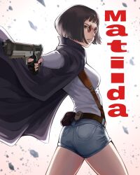 Rule 34 | 1girl, aged up, aiming, aiming at viewer, ass, belt, belt pouch, black cape, black gloves, black hair, blue shorts, blunt bangs, blunt ends, bob cut, breasts, brown-tinted eyewear, brown background, brown belt, brown eyes, cape, character name, commentary, cowboy shot, denim, denim shorts, finger on trigger, fingerless gloves, floating cape, foreshortening, from side, gloves, gradient background, gun, handgun, highres, holding, holding gun, holding weapon, holster, leon the professional, lips, long sleeves, looking at viewer, looking to the side, mathilda lando, medium breasts, nose, parted lips, pouch, reaching, reaching towards viewer, round eyewear, shards, shirt, short hair, short shorts, shorts, shoulder holster, small breasts, solo, spread legs, standing, sunglasses, thighs, tinted eyewear, to-ru, weapon, white background, white shirt
