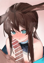 Rule 34 | 1boy, 1girl, absurdres, amiya (arknights), animal ears, ao oni (onioni-aoi), arknights, ascot, bar censor, blue ascot, blue collar, blue eyes, blush, breasts, censored, collar, erection, extra ears, gradient background, hair between eyes, hetero, highres, long hair, looking at viewer, nipples, nude, open mouth, penis, pink background, rabbit ears, sidelocks, small breasts, solo focus