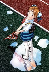 Rule 34 | 1990s (style), 1girl, after rain, backpack, bag, black eyes, blue skirt, brown hair, bun cover, closed umbrella, double bun, from above, hair bun, hayasaka akira, highres, holding, holding umbrella, looking at viewer, non-web source, official art, plaid umbrella, pleated skirt, puddle, reflection, retro artstyle, scan, shirt, short hair, short sleeves, skirt, smile, solo, standing, striped clothes, striped skirt, super real mahjong, tanaka ryou, thighhighs, umbrella, white shirt, white thighhighs