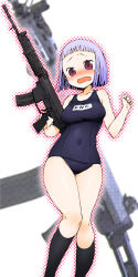 Rule 34 | 1girl, assault rifle, blush, bob cut, breasts, fnc (upotte!!), gun, holding, holding gun, holding weapon, katou haruaki, long image, one-piece swimsuit, open mouth, purple eyes, red eyes, rifle, school swimsuit, short hair, silver hair, solo, swimsuit, tall image, tears, trigger discipline, upotte!!, wavy mouth, weapon