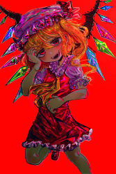 Rule 34 | 1girl, alternate wings, ascot, blonde hair, crystal, flandre scarlet, foot out of frame, foreshortening, frilled headwear, frilled shirt collar, frilled skirt, frilled sleeves, frills, hair between eyes, hand on own head, hat, hat ribbon, head tilt, highres, leg up, looking at viewer, mary janes, medium hair, mob cap, multicolored wings, one side up, panda eggs, pink hat, pink shirt, puffy short sleeves, puffy sleeves, red background, red eyes, red footwear, red ribbon, red skirt, red vest, ribbon, ribbon-trimmed headwear, ribbon trim, shirt, shoes, short sleeves, simple background, skirt, solo, touhou, vest, wings, yellow ascot