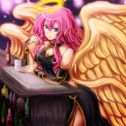 Rule 34 | 1girl, alcohol, angel, angel wings, archangel metatron (p&amp;d), blue eyes, cleavage cutout, clothing cutout, dashinoya, halo, long hair, metatron (p&amp;d), pink hair, puzzle &amp; dragons, solo, wings