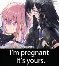 2girls artist_name black_gloves black_hair black_lips black_mask black_sleeves blue_hair commentary cropped dandelion_(girls&#039;_frontline) english_text from_side frown girls&#039;_frontline gloves hair_behind_ear hair_ornament hand_up hashtag-only_commentary holding implied_pregnancy jacket kistina long_hair looking_at_another mask mask_pull multicolored_hair multiple_girls open_mouth parted_lips pink_hair ponytail profile purple_eyes science_babies simple_background st_ar-15_(girls&#039;_frontline) st_ar-15_(mod3)_(girls&#039;_frontline) streaked_hair sweatdrop symbol-only_commentary teasing torn_clothes turn_pale twitter_username two-tone_hair unworn_mask watermark whispering white_background wide-eyed yellow_eyes yukinon yuri