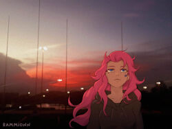 Rule 34 | 1girl, artist name, blue eyes, breasts, brown hoodie, closed mouth, collarbone, hood, hood down, hoodie, large breasts, league of legends, long hair, looking up, outdoors, pink hair, rammionn, seraphine (league of legends), solo, sunset, upper body