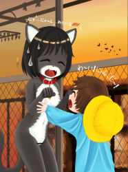 Rule 34 | ^ ^, anal tail, animal ears, artist request, bar censor, bodypaint, butt plug, cat ears, censored, chain-link fence, closed eyes, collar, closed eyes, fake tail, fangs, fence, happy, kindergarten uniform, navel, nude, open mouth, original, paw pose, power lines, pussy, sex toy, sunset, sweatdrop, tail, translation request