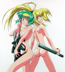 Rule 34 | 1990s (style), 2girls, ass, assault rifle, baton (weapon), blonde hair, breasts, bullpup, burn-up, burn-up excess, censored, convenient censoring, green eyes, green hair, gun, hairband, headband, jinguu maya, kinezono rio, long hair, looking at viewer, multiple girls, no bra, nude, official art, one eye closed, ponytail, purple eyes, retro artstyle, rifle, short hair, simple background, smile, sniper, sniper rifle, steyr aug, tonfa, vertical forward grip, weapon, white background, wink
